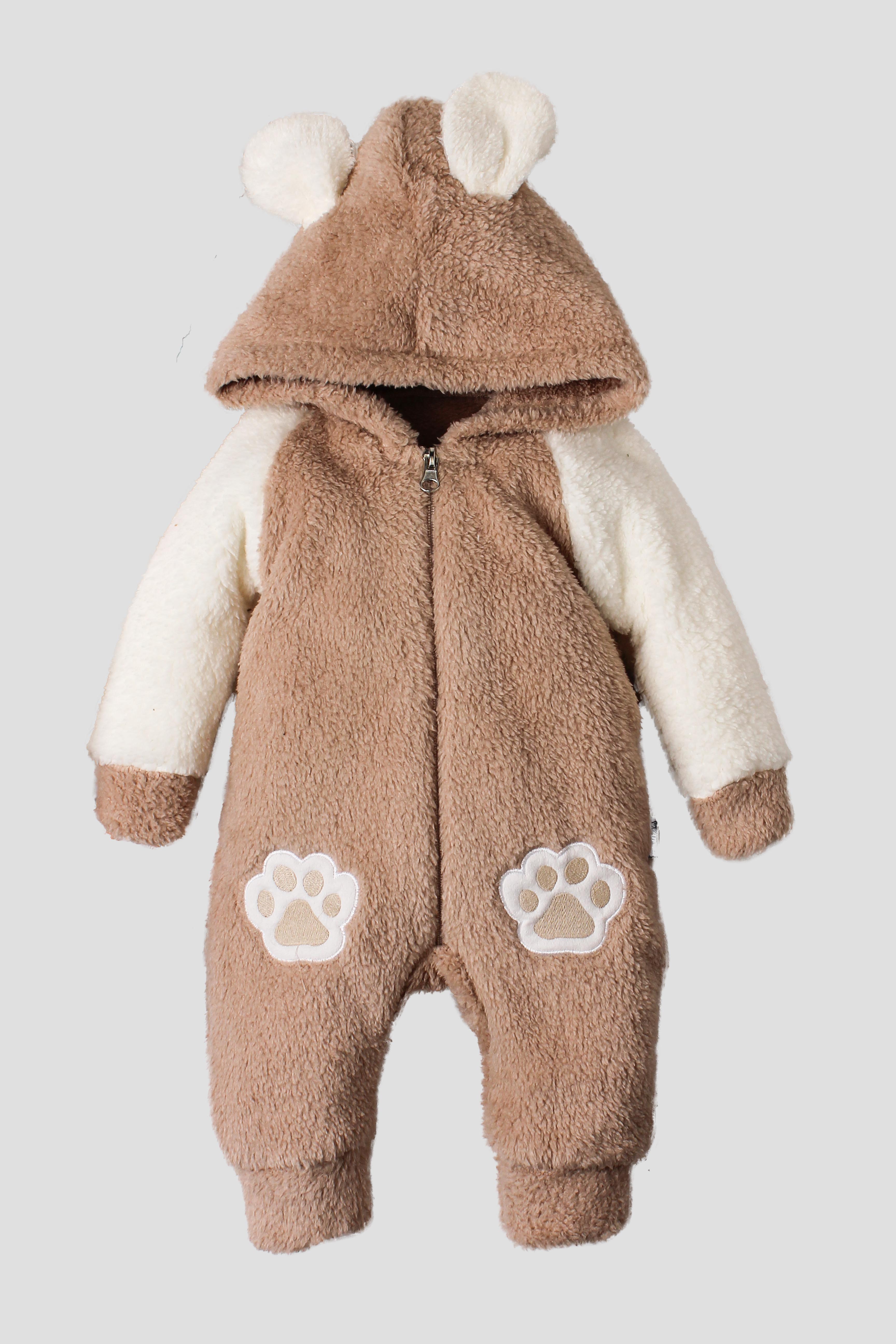 Bebek Kulaklı Patili Peluş Fermuarlı Kışlık Tulum Kapüşonlu 0-12 Ay